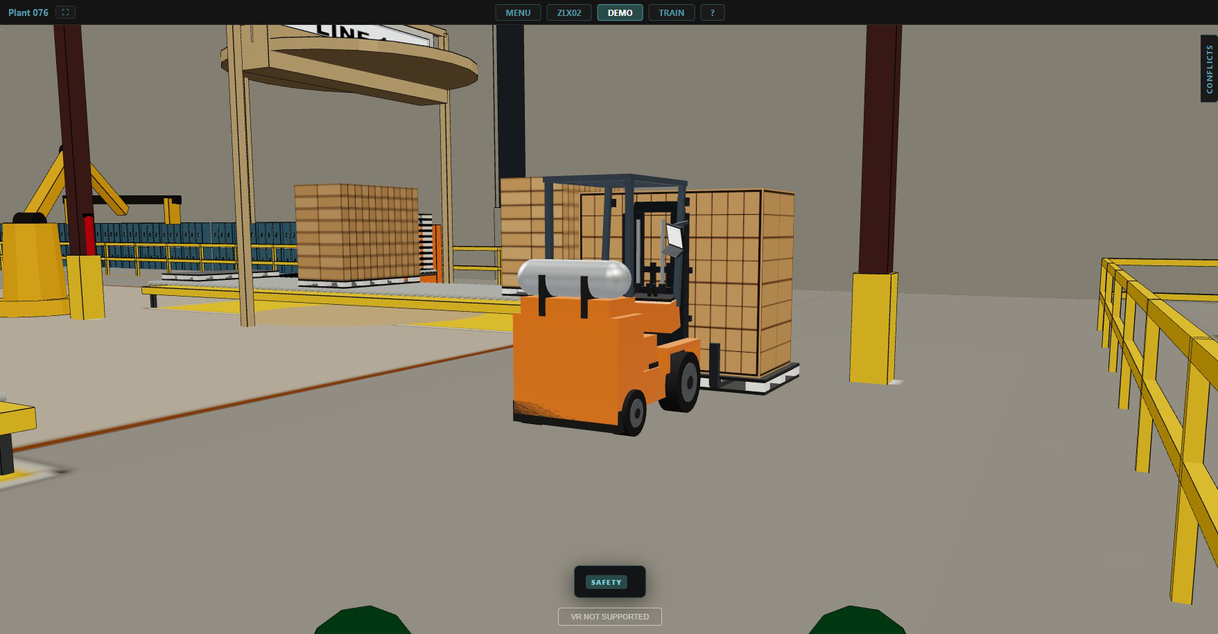 First-person view inside the modeled Plant 076 production floor with a forklift, pallet load, safety rails, and equipment