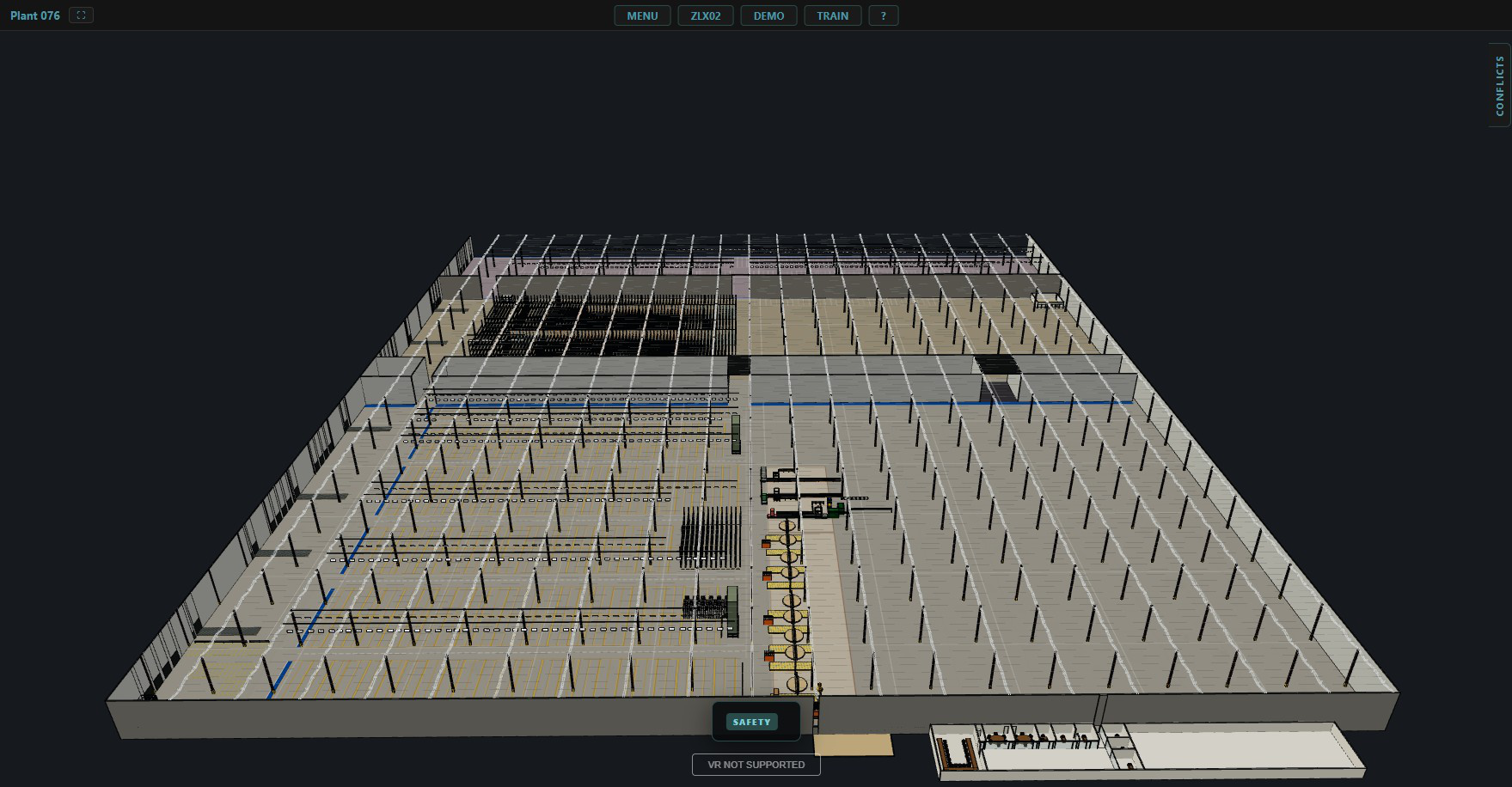 Oblique overview of the modeled production and warehouse facility