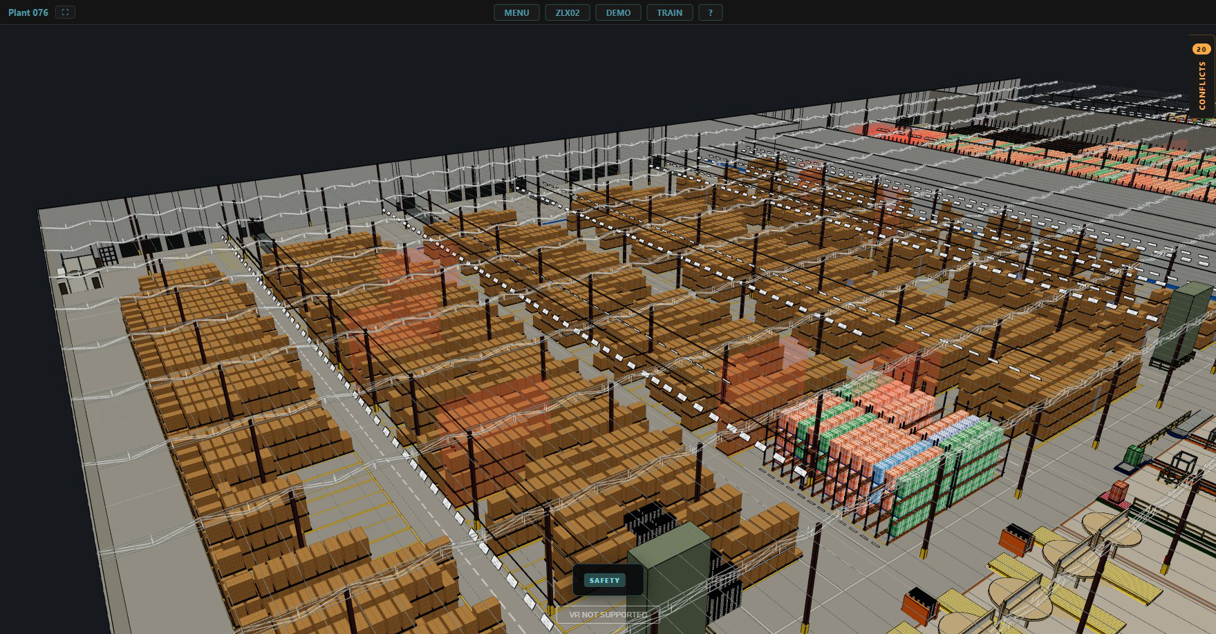 Same warehouse camera after supported local inventory data is visualized as pallet loads throughout the modeled facility