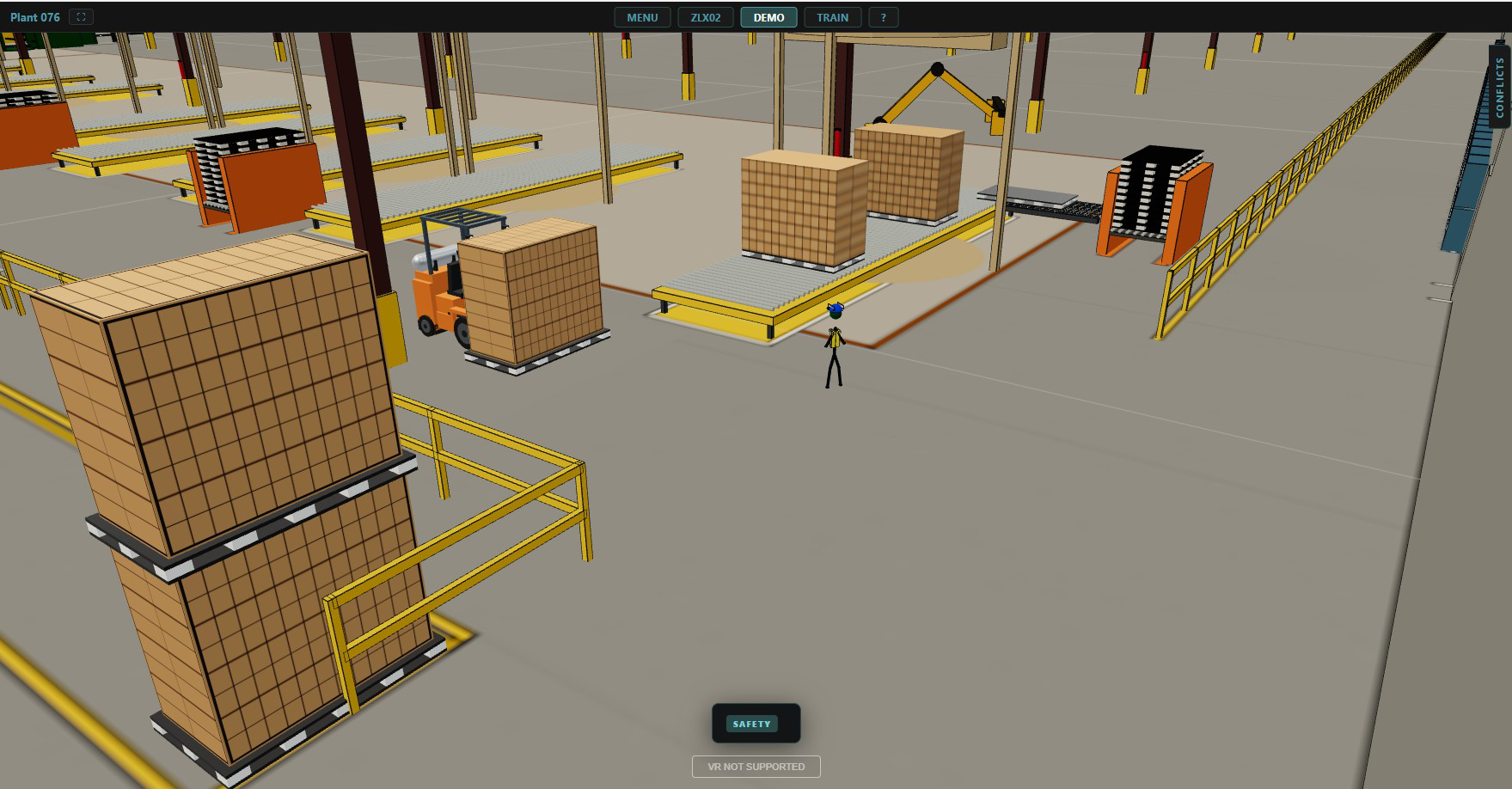 Modeled production staging, forklift, and trainee marker showing an operational relationship in space