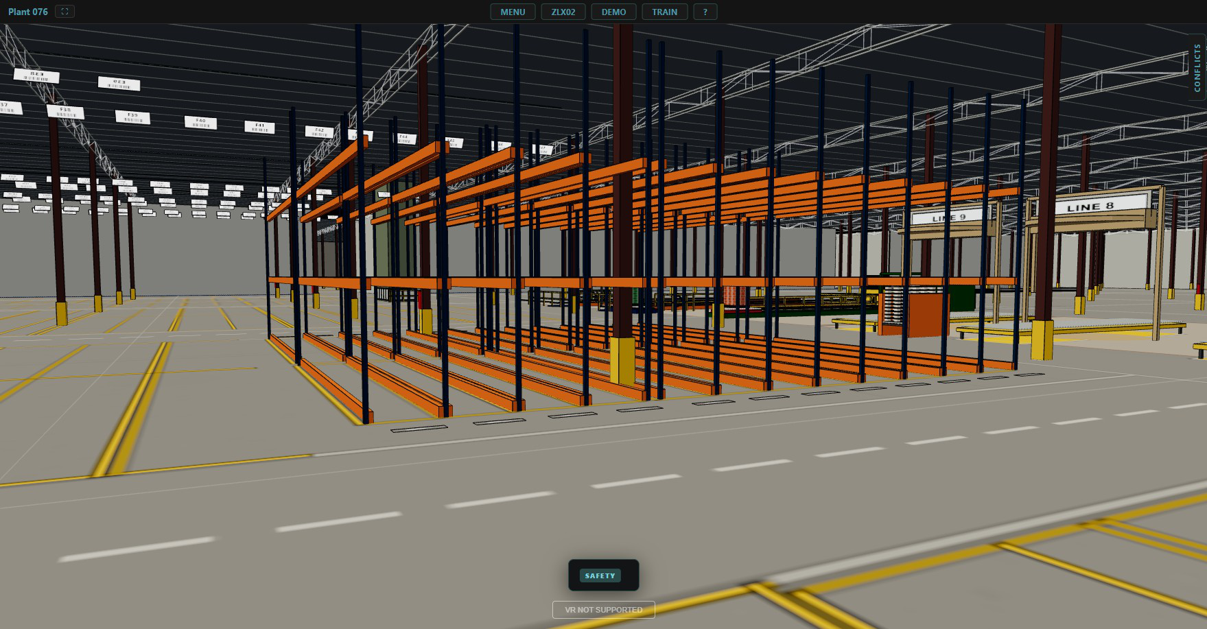 Modeled storage detail distinguishing rack positions from floor-bin areas