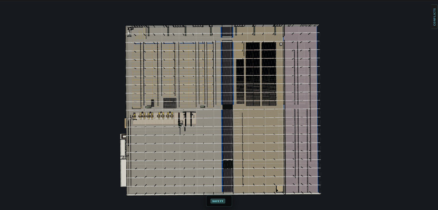 Top-down view showing relationships among modeled warehouse regions