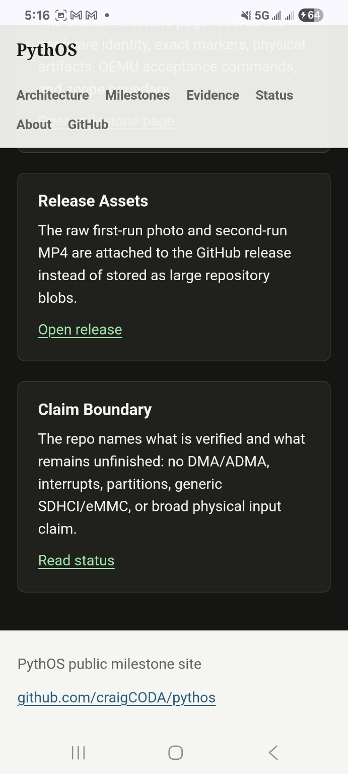 PythOS claim-boundary document separating verified work from unfinished scope
