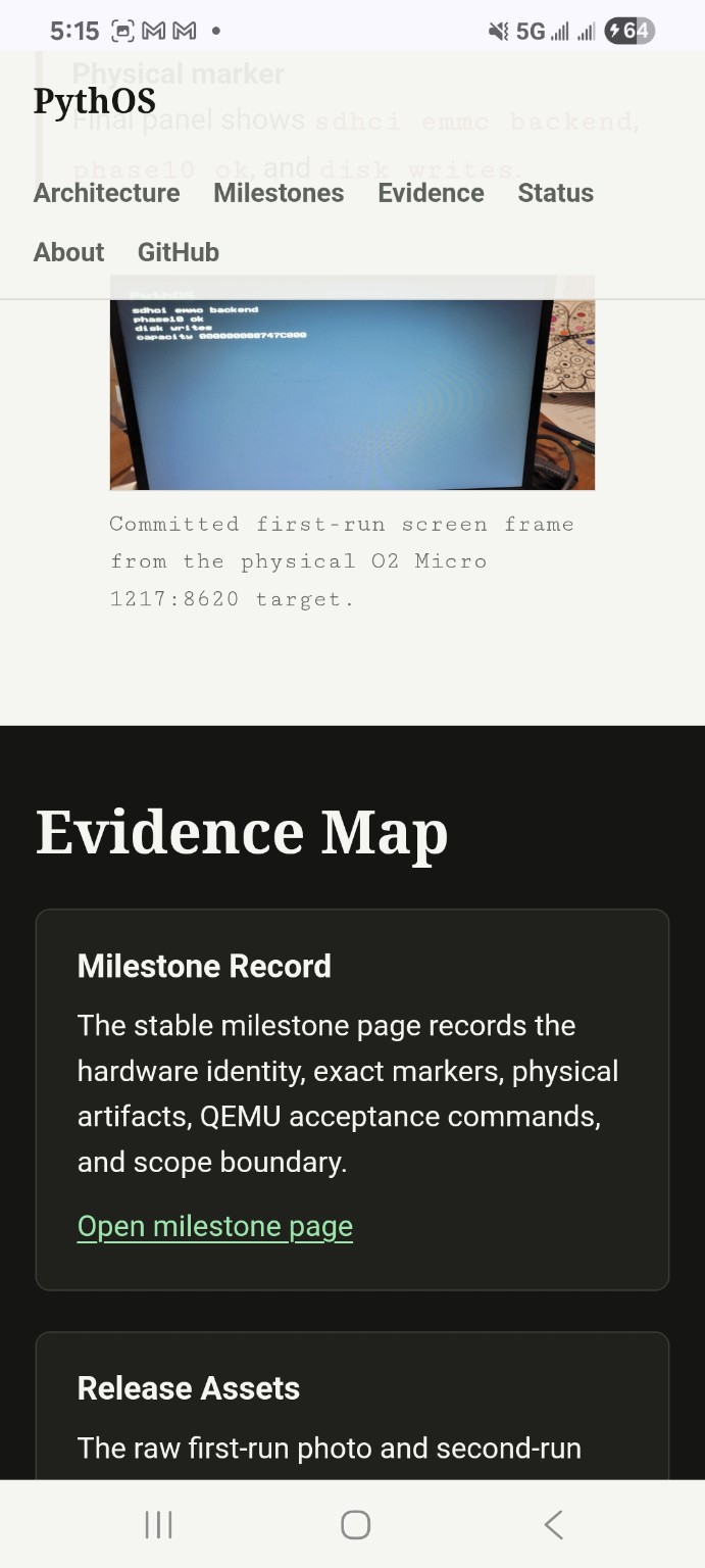 Public PythOS milestone and evidence map shown as a tall document view