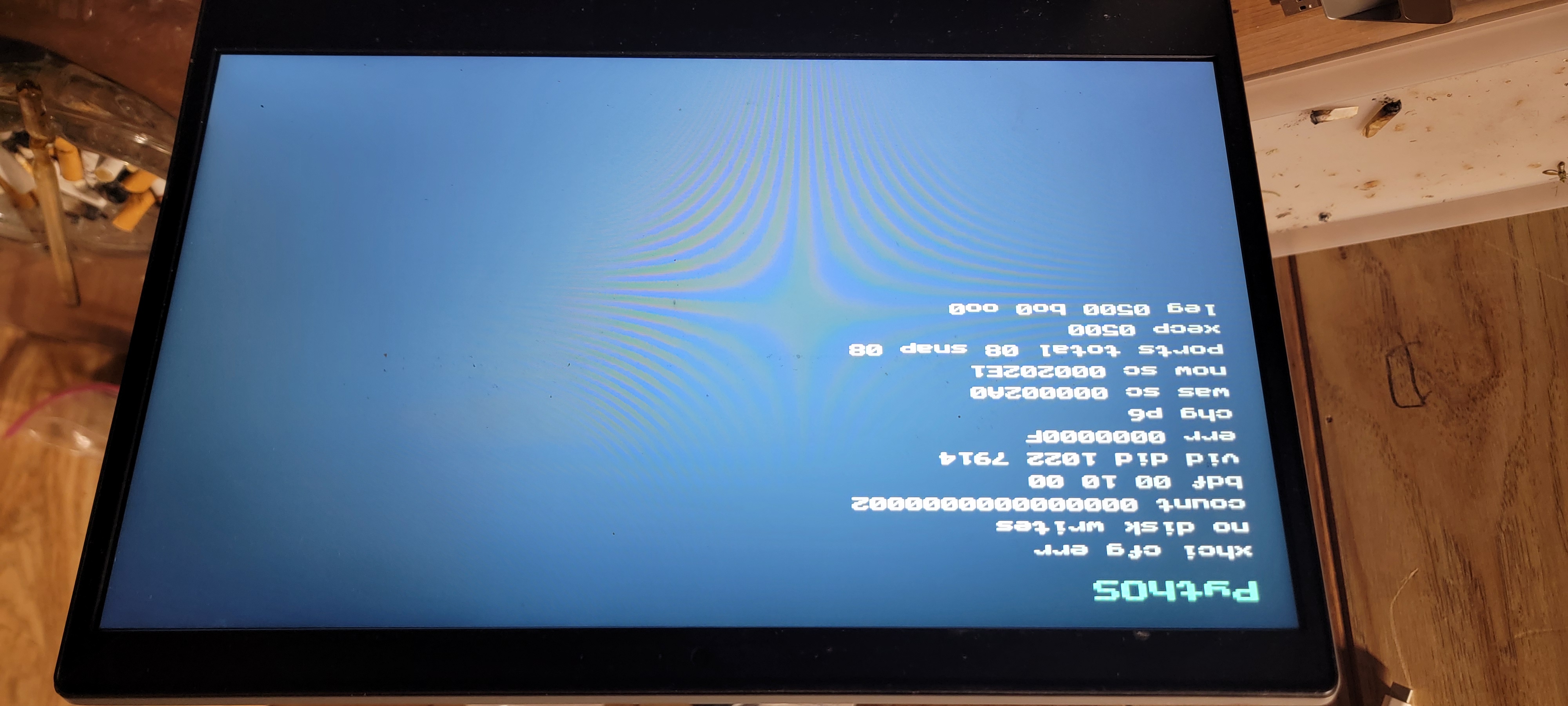 PythOS ADR 0084 physical attempt showing mouse connect on port 6 and generic xHCI configuration timeout error 0x0F